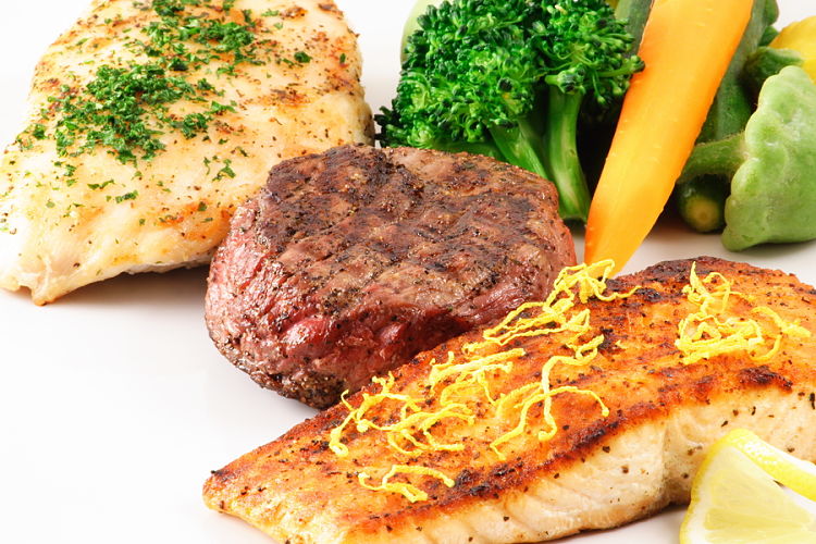 Meat and fish with green vegetables is a good high protein - low carbohydrate meal which includes color and texture variety